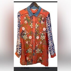 John Mark Multi Print Embroidered Denim Collar Sheer Top Size Large Orange Blue